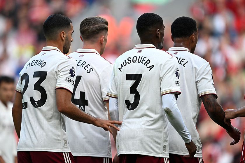 Mikel Merino, Viktor Gyokeres, Cristhian Mosquera and Gabriel of Arsenal wait for a corner during the Premier League match between Liverpool and Arsenal at Anfield on August 31, 2025 in Liverpool, England.