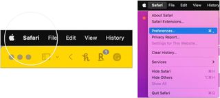 To manage password information on Mac in Safari, open Safari, then click Safari on the Mac menu bar. Select Preferences from the pull-down menu.