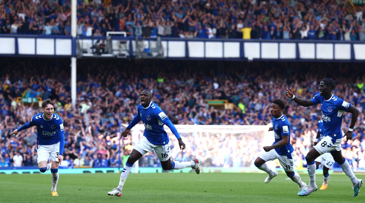 Abdoulaye Doucoure of Everton celebrates after scoring his team&#039;s first goal during the Premier League match between Everton and AFC Bournemouth at Goodison Park on May 28, 2023 in Liverpool, England.