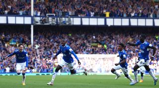 Abdoulaye Doucoure of Everton celebrates after scoring his team's first goal during the Premier League match between Everton and AFC Bournemouth at Goodison Park on May 28, 2023 in Liverpool, England.