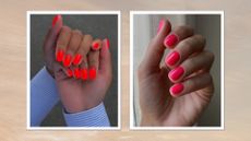 A collage of bright, solar-inspired nail looks: on the left, is a close-up of two hands with bright orange nails, by nail artist Julia Diogo (@paintedbyjools) and on the right, is a hand with a neon pink manicure by nail artist, Mateja Novakovic (@matejanova)/ featured in a beige and grey sunset-style template