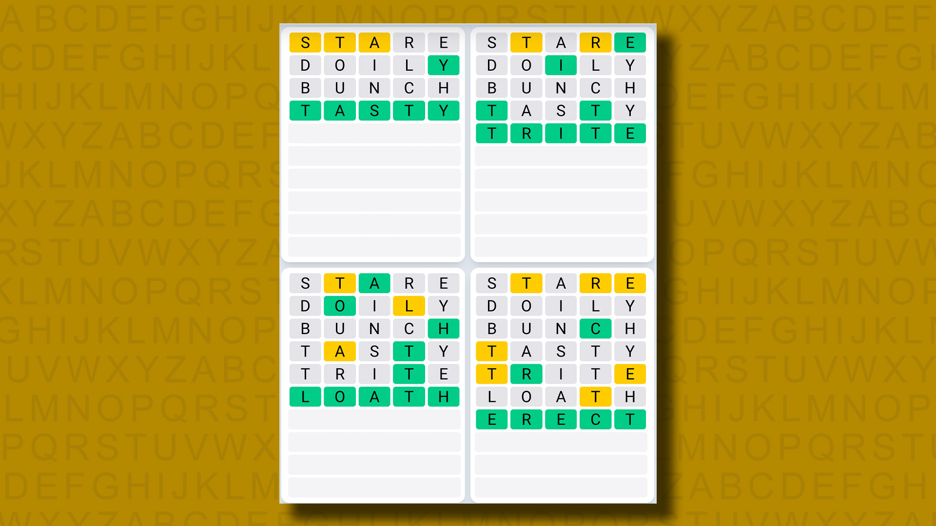 Quordle daily sequence answers for game 997 on a yellow background