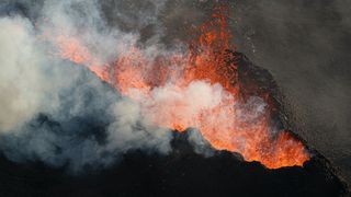 Closeup of a volcano erupting in Iceland.