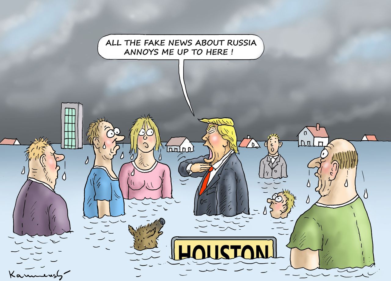 Political cartoon U.S. Trump Harvey Russia fake news