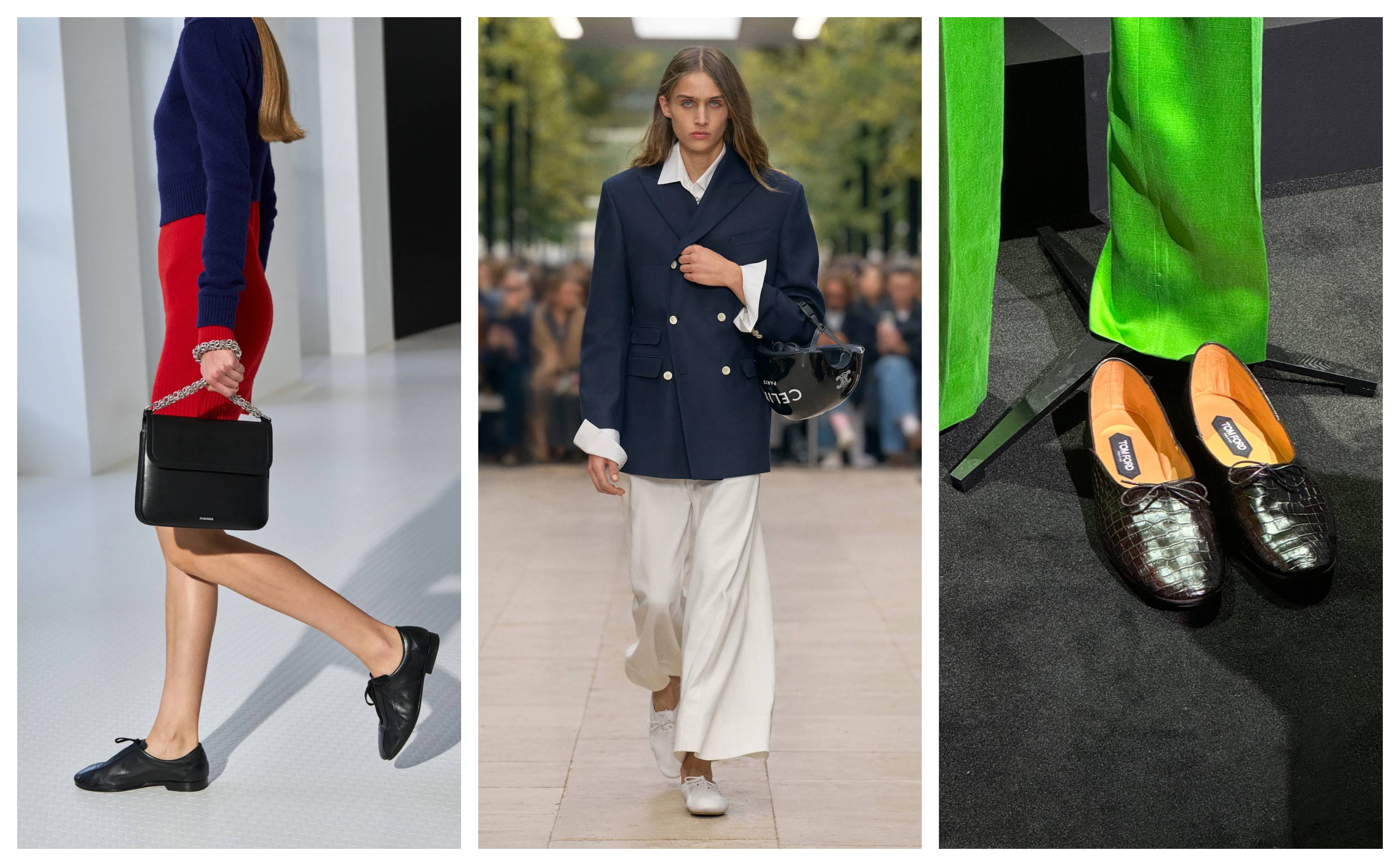 a collage of models wearing flats at Paris Fashion Week