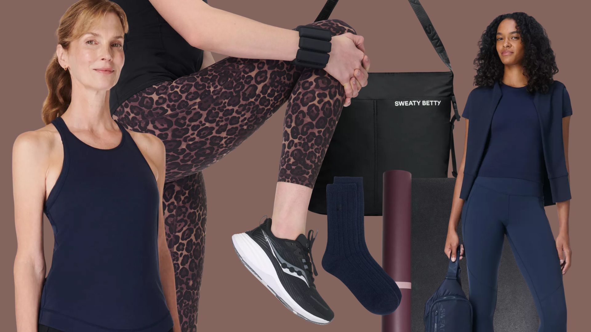 Top, leggings, socks, yoga mat, bag in the Sweaty Betty sale for Cyber Monday