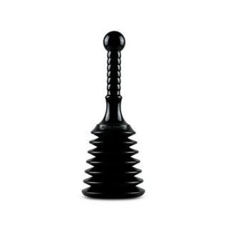 Short black vertical plunger that has a rounded end on a ribbed handle and compressible plunger under