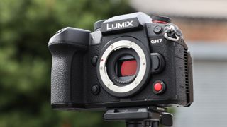 Panasonic Lumix GH7 on a tripod outside with some blurred green trees in the background