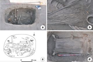 Jiayi's tomb, M231 (a). A close-up of the Cannabis in the grave (b). A line drawing showing the grave's contents, including intact earthenware pots (1 to 4); broken earthenware pots (5 to 7), Cannabis plants (8); pillow fragments (9); and wild grasses (10) (c). The lower layer of the tomb has a wooden bed frame and reed pillow (d).