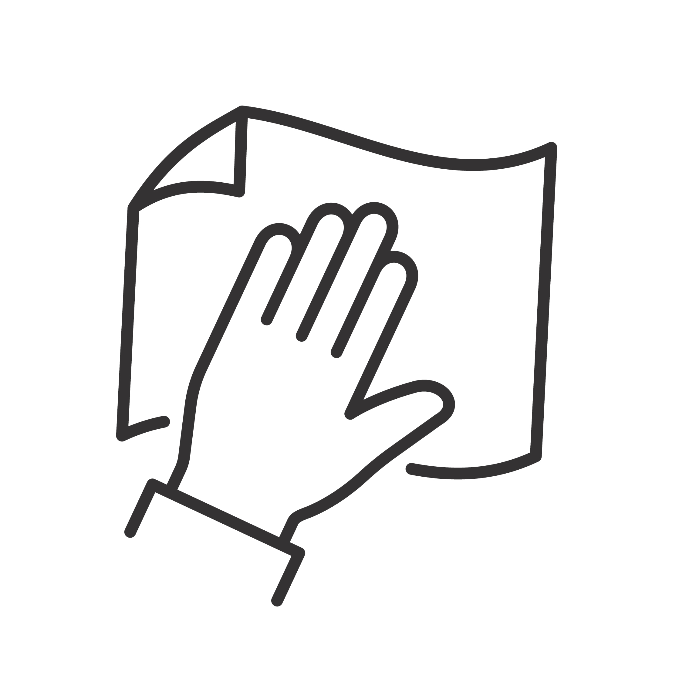 A symbol of a hand holding a cleaning cloth
