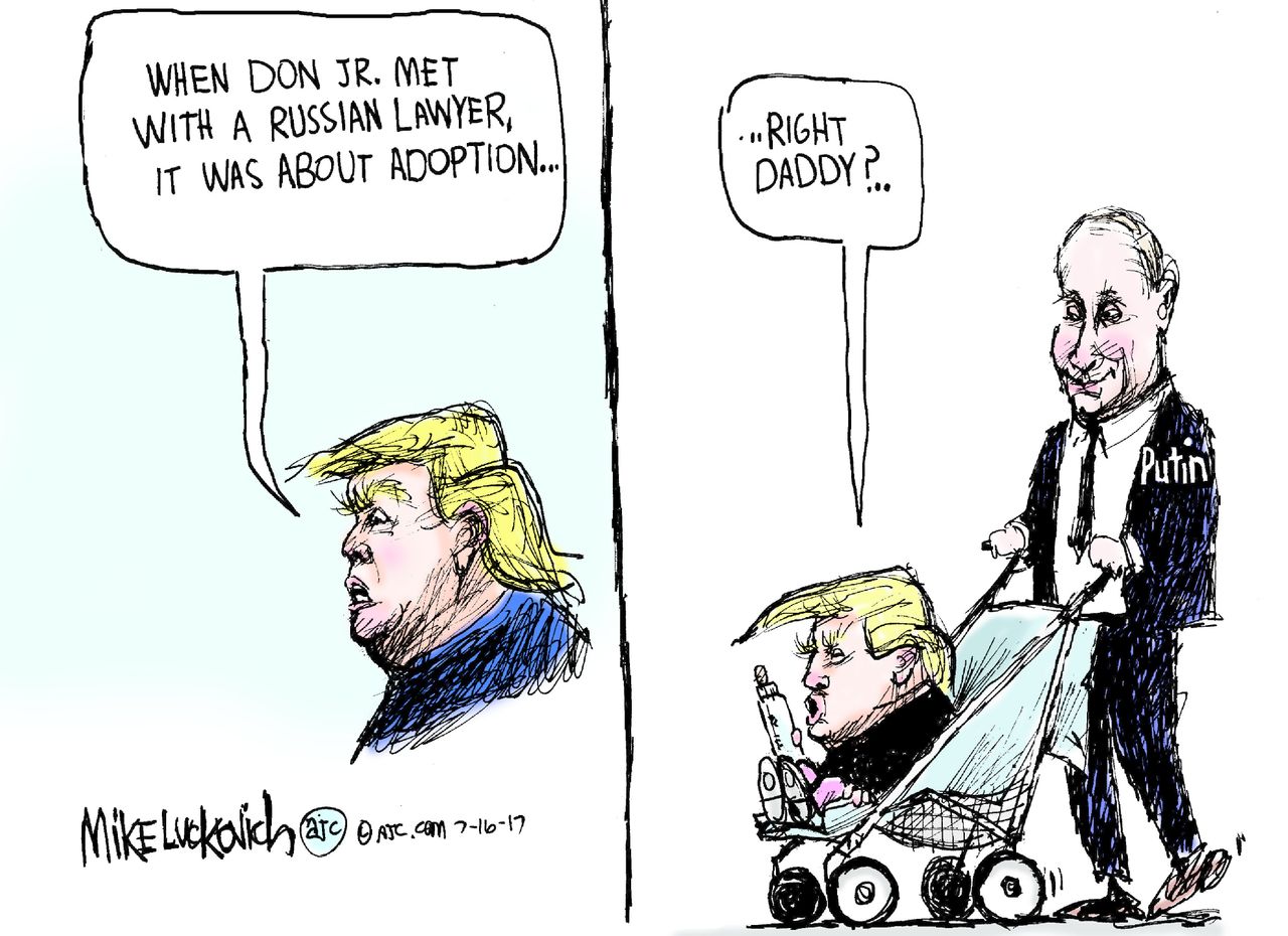 Political cartoon U.S. Trump Russian collusion Trump Jr. Putin adoption