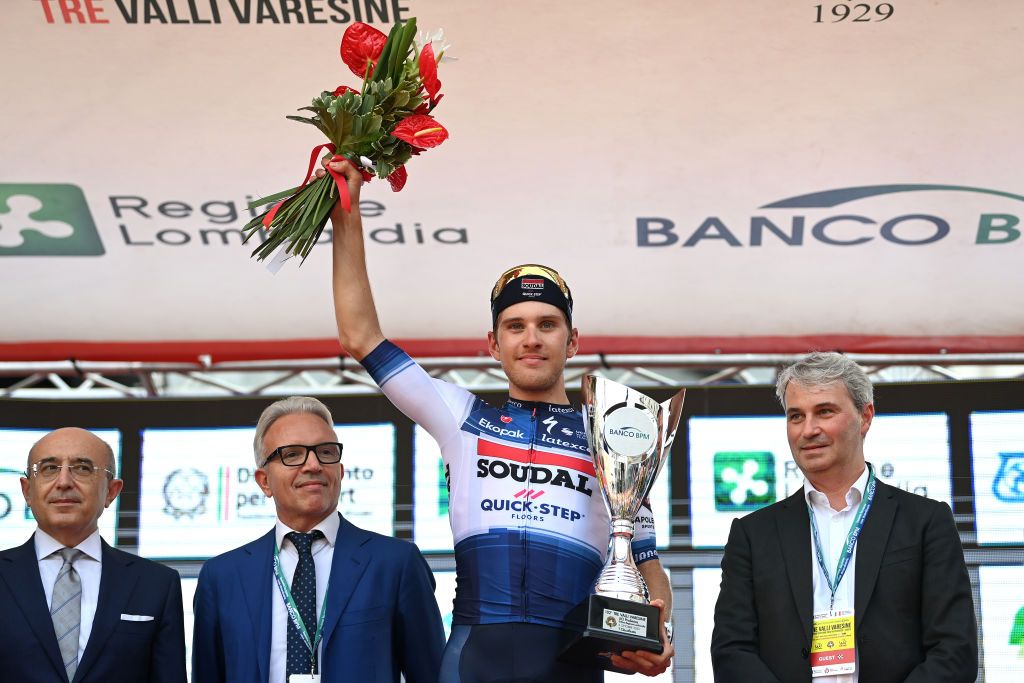 VARESE ITALY OCTOBER 03 Ilan Van Wilder of Belgium and Team Soudal Quick Step celebrates at podium as race winner during the 102nd Tre Valli Varesine 2023 a 19654km one day race from Busto Arsizio to Varese on October 03 2023 in Varese Italy Photo by Tim de WaeleGetty Images