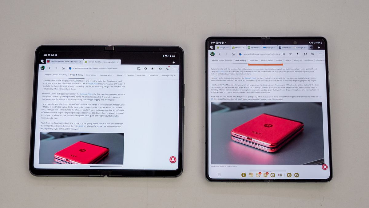 Comparing the display crease on the inner display of the Google Pixel Fold with the Samsung Galaxy Z Fold 4