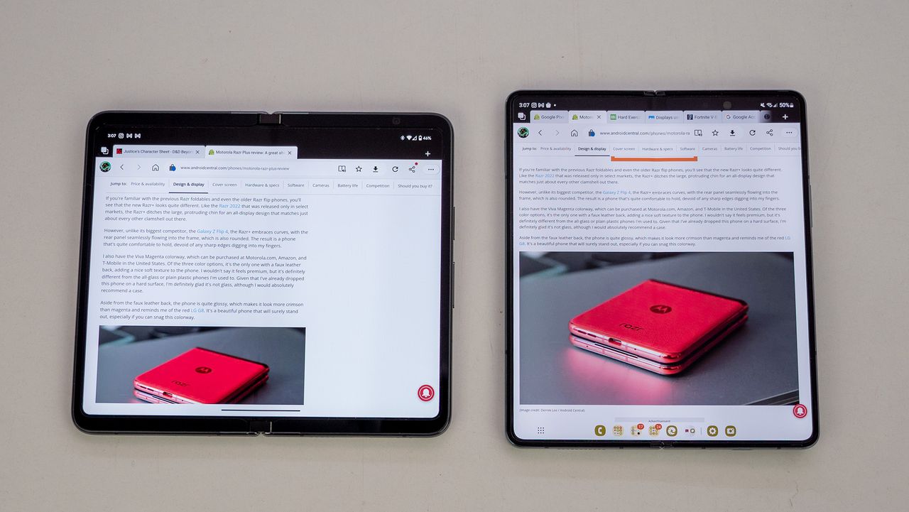 Comparing the display crease on the inner display of the Google Pixel Fold with the Samsung Galaxy Z Fold 4