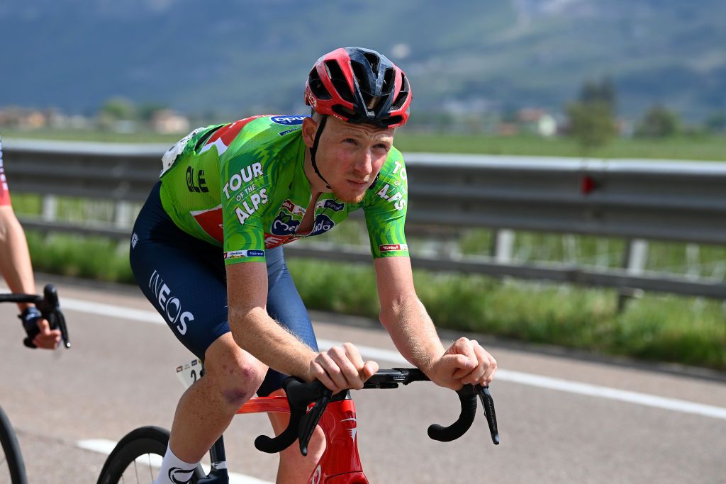 BRENTONICO SAN VALENTINO ITALY APRIL 19 Tao Geoghegan Hart of United Kingdom and Team INEOS Grenadiers Green leader jersey competes during the 46th Tour of the Alps 2023 Stage 3 a 1625km stage from Ritten to Brentonico San Valentino 1321m on April 19 2023 in Brentonico San Valentino Italy Photo by Tim de WaeleGetty Images