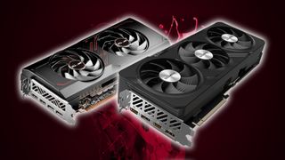 AMD Radeon RX 7800 XT Sapphire and Gigabyte models with red liquid backdrop