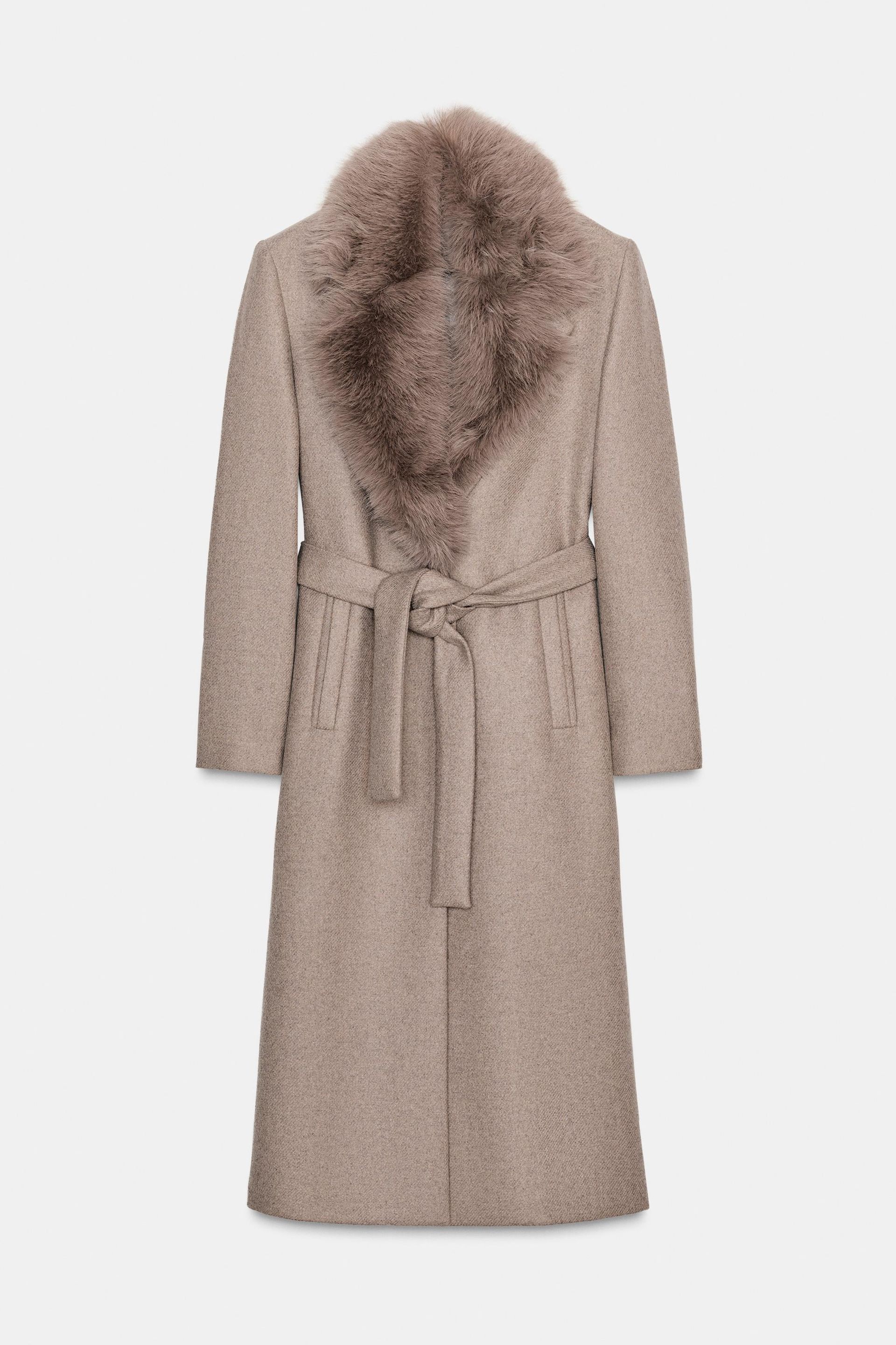 Wool Coat With Faux Fur Lapel and Belt
