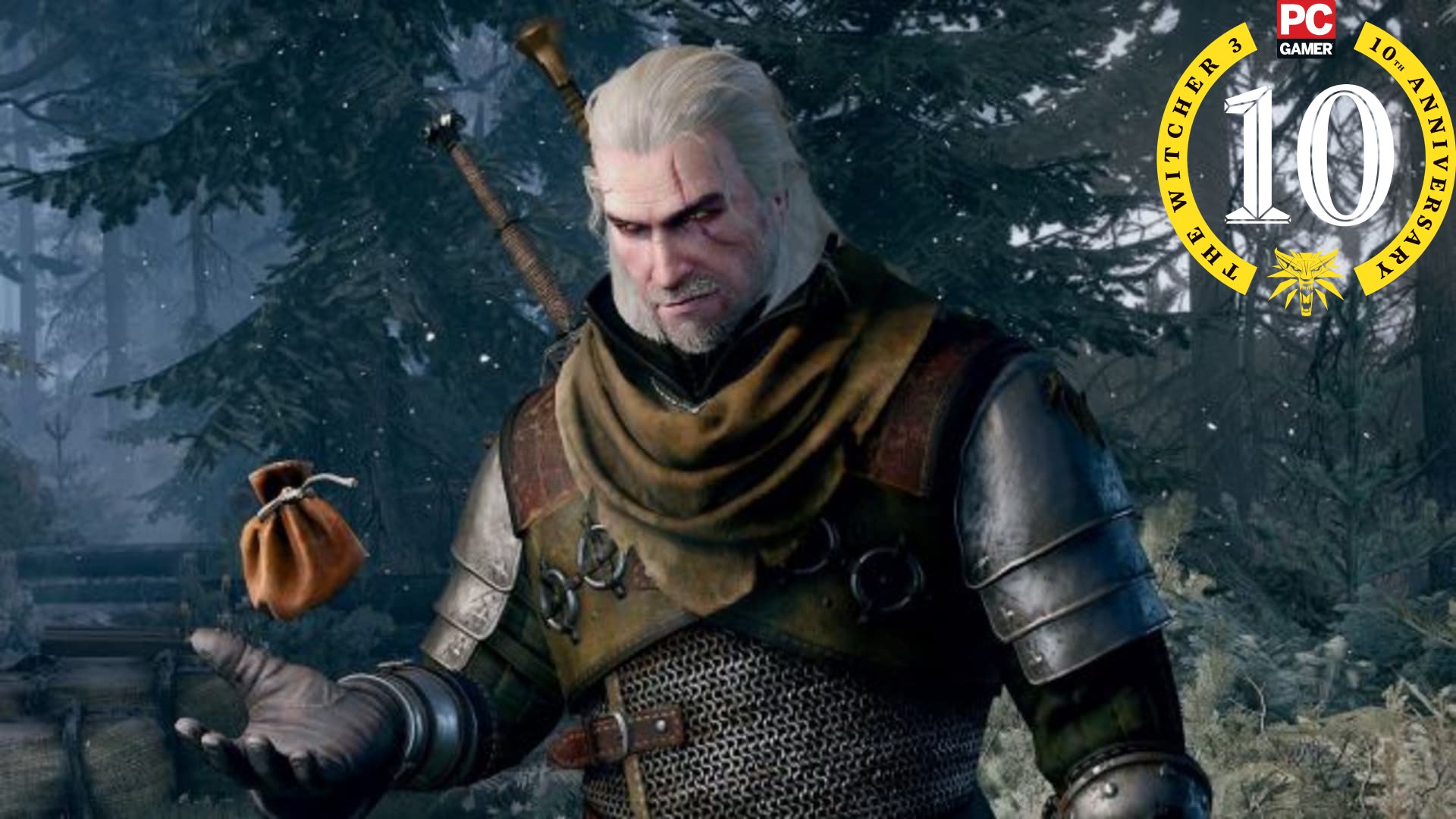 Geralt tosses a coinpurse. In the corner is a badge marking The Witcher 3&#039;s tenth anniversary.