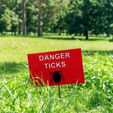 A red sign in a lawn says "Danger Ticks" and has a black outline of a tick on it