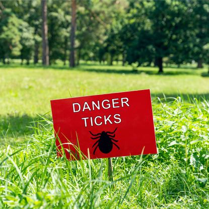 A red sign in a lawn says "Danger Ticks" and has a black outline of a tick on it