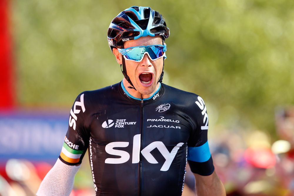 Nicolas Roche celebrates his stage 18 win at the 2015 Vuelta a Espana.