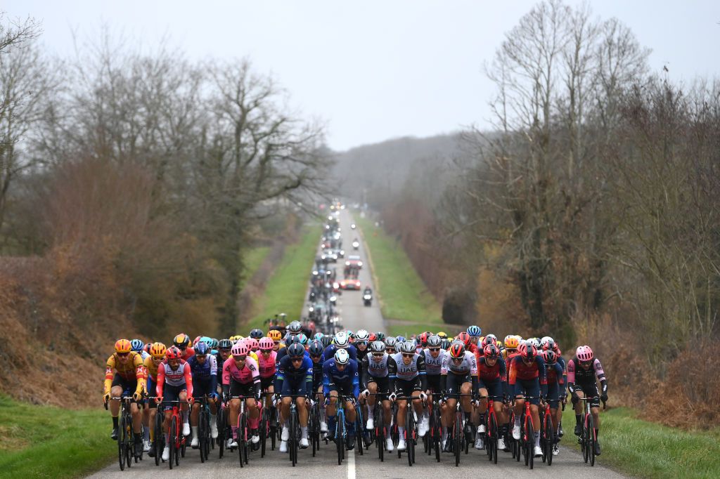 LA LOGE DES GARDES FRANCE MARCH 08 LR Erik Nordsaeter Resell of Norway and UnoX Pro Cycling Team Julien Bernard of France and Team TrekSegafredo Stefan Bissegger of Switzerland and Team EF Education Easypost Ignatas Konovalovas of Lithuania and Team Groupama FDJ Max Kanter of Germany and Movistar Team Matteo Trentin of Italy and UAE Team Emirates Nils Politt of Germany and Team BORA Hansgrohe and Michael Joshua Tarling of United Kingdom and Team INEOS Grenadiers lead the peloton during the the 81st Paris Nice 2023 Stage 4 a 1647km stage from SaintAmandMontrond to La Loge des Gardes 1077m UCIWT ParisNice on March 08 2023 in La Loge des Gardes France Photo by Alex BroadwayGetty Images