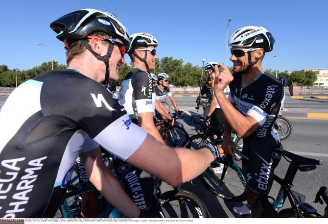 Tom Boonen explains to his teammates just how close the finish was