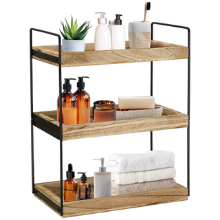 A wooden 3-tier bathroom organizer shelf