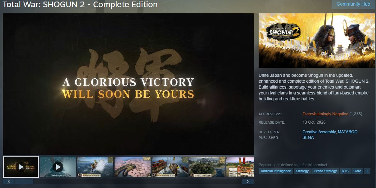 Steam page for Total War: SHOGUN 2 – Complete Edition, featuring gold Japanese calligraphy and the slogan “A glorious victory will soon be yours,” with samurai artwork and game details.