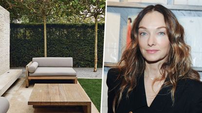 Headshot of Kelly Wearstler and outdoor furniture