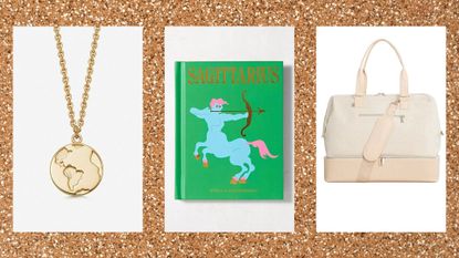 three gifts for Sagittarius—including a gold earth design necklace, a Sagittarius book and the Béis Weekender bag in beige—on a gold glittery background