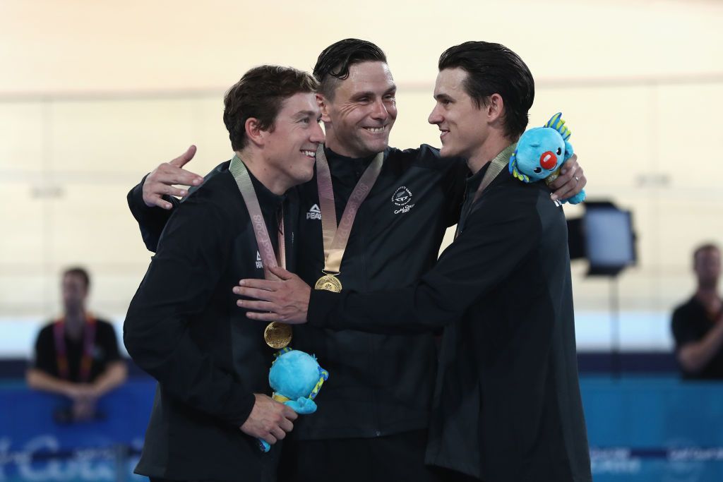 New Zealand's winners in the team sprint Ethan Mitchell, Sam Webster and Edward Dawkins