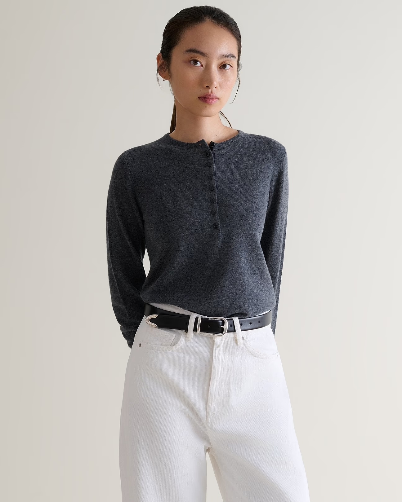 Rise &amp;amp; Fall, Women's Cashmere Merino Henley Jumper - Graphite - Graphite / Xs
