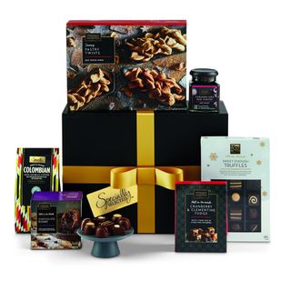 alcohol free hamper with moreish chocolate bomb cake and black and green olive