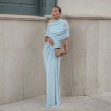 mariko nakafuji wearing a blue wedding guest dress