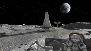 A rendering of what tiled moon roads would look like in the future. In the sky you can see the Earth, an astronaut is in the foreground and the tiles are in the background on what looks to be the surface of the moon. A structure is seen on the surface as well,