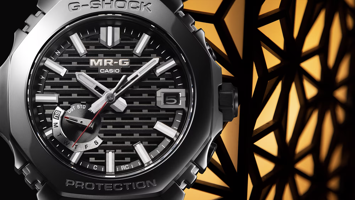 Close-up of Casio G-Shock MRG-B2100B-1A watch face