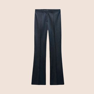 Flat lay image of flared jean-look trousers