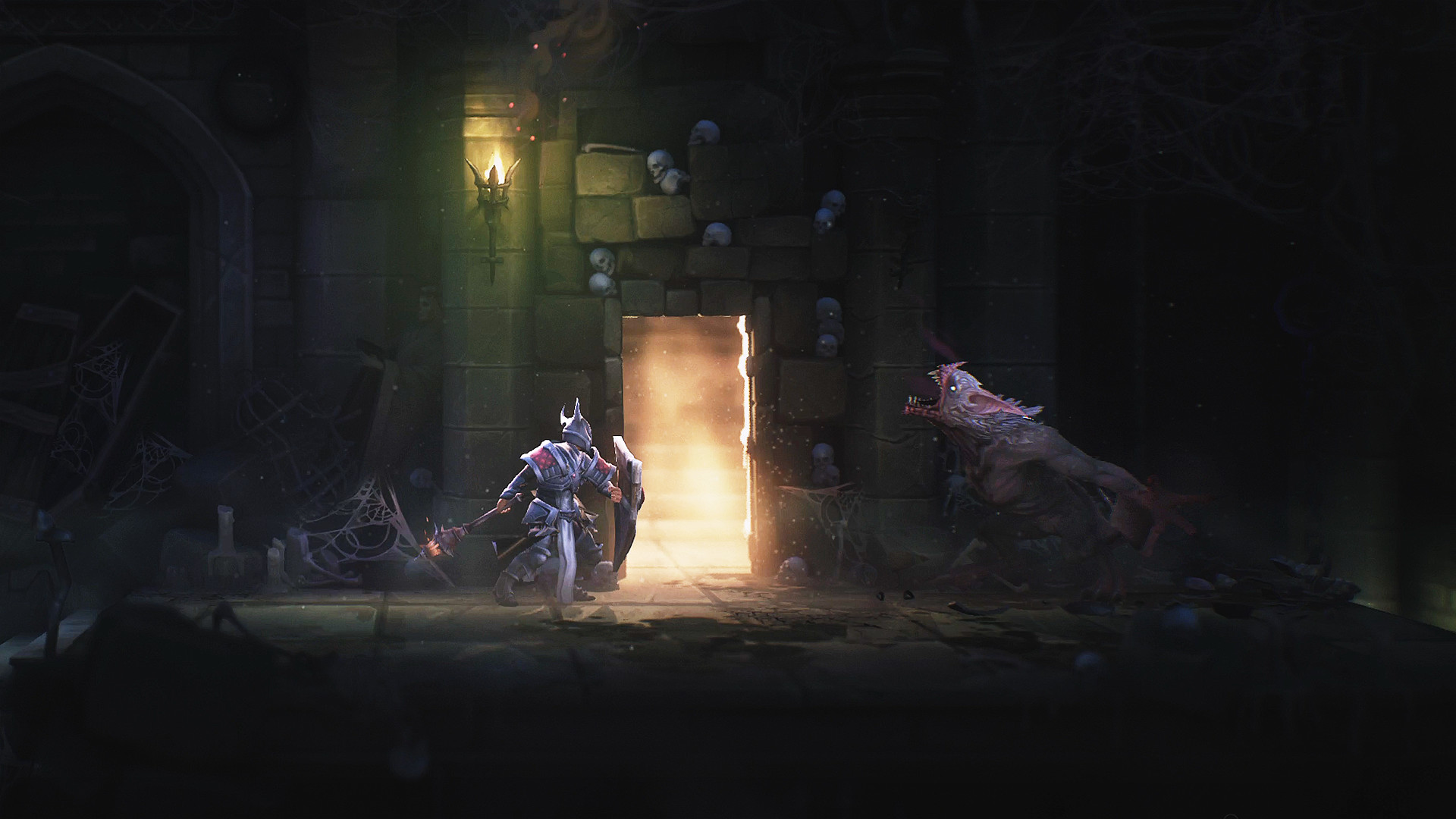 Promotional screenshot of a knight fighting a giant bat in Mandragora: Whispers of the Witch Tree