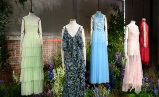 Mannequins dressed in dresses in grey, floral, blue, light pink and red