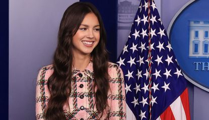 Pop music star and Disney actress Olivia Rodrigo makes a brief statement to reporters at the beginning of the daily news conference in the Brady Press Briefing Room at the White House