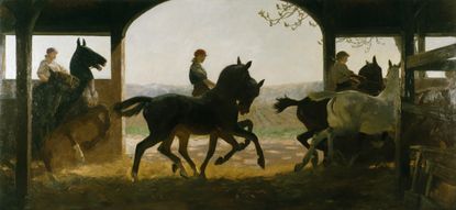 The Straw-Ride — Russley Park, Remount Depot, Wiltshire, 1915, 6ft by 13ft, by Lucy Kemp-Welch (1869–1958).