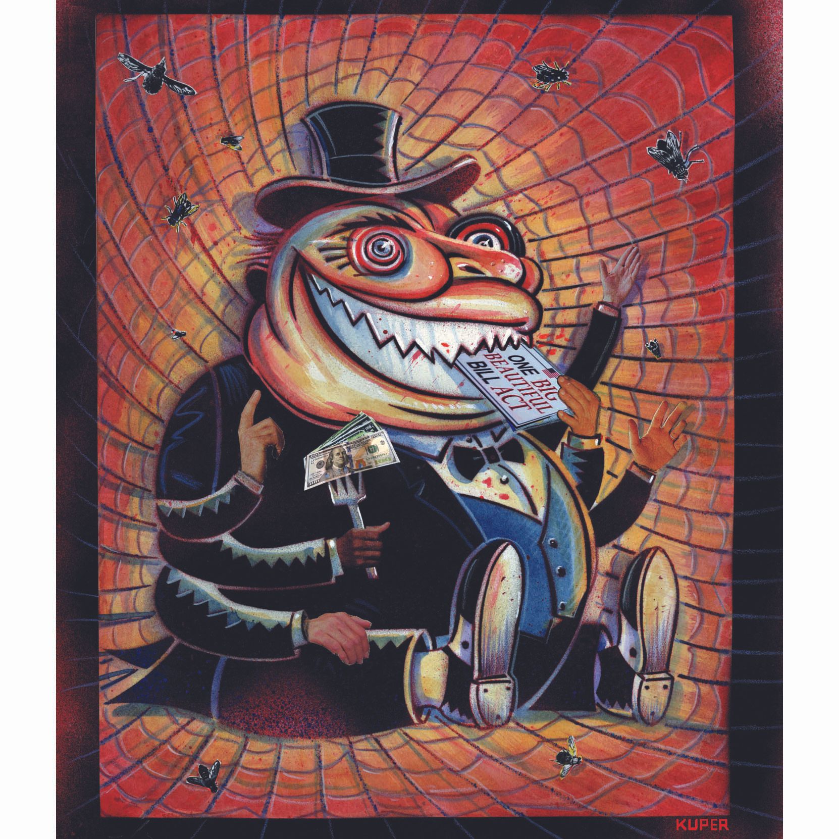 
                                This cartoon is set on a spider’s web and the dominant image is a creature that is half spider, half fat cat politician. The creature is eating  the “One Big Beautiful Bill Act” with one of its eight limbs. Another limb holds a fork stuffed with $100 bills.
                            