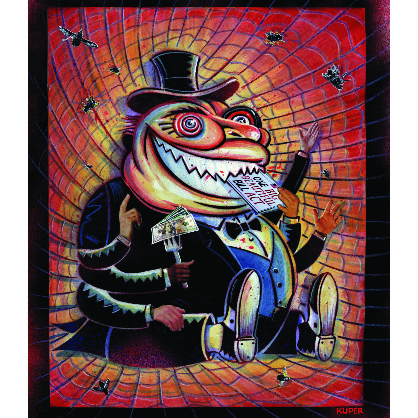 This cartoon is set on a spider’s web and the dominant image is a creature that is half spider, half fat cat politician. The creature is eating the “One Big Beautiful Bill Act” with one of its eight limbs. Another limb holds a fork stuffed with $100 bills.