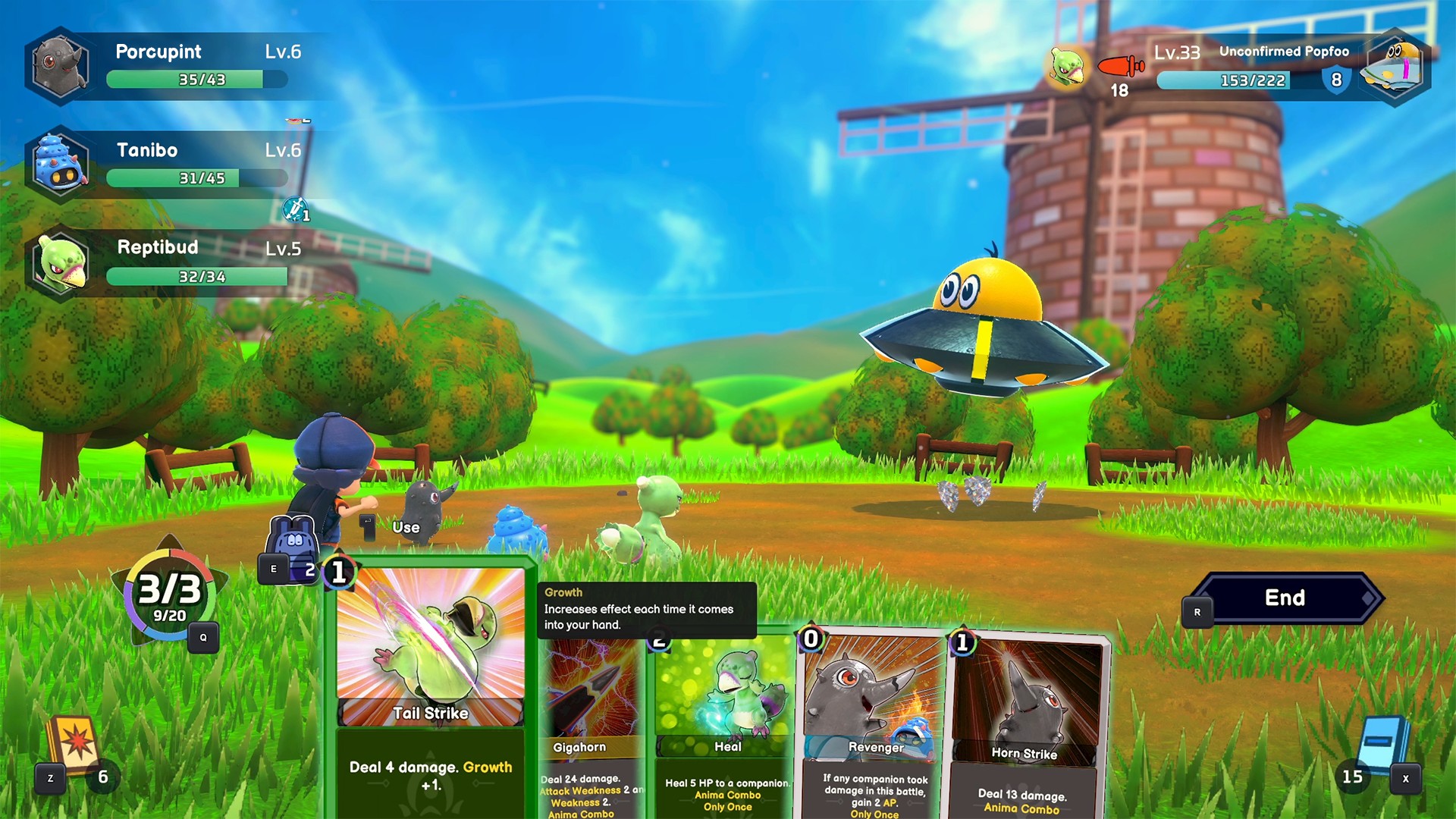 Porcupint, Tanibo, and Reptibud gather in front of Milo in a grassy field in Serial World ready to fight an Unconfirmed Popfoo enemy