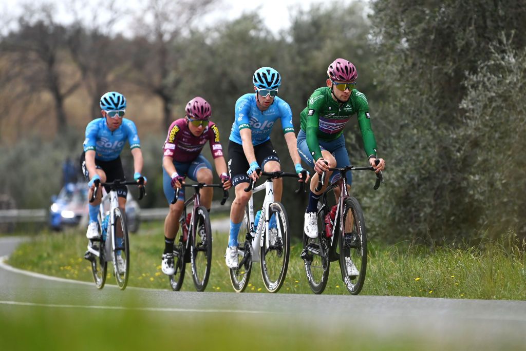 FOLIGNO ITALY MARCH 08 Alessandro Iacchi of Italy and Team Corratec Davide Bais of Italy Mattia Bais of Italy and EoloKometa Cycling Team and Stefano Gandin of Italy and Team Corratec Green Mountain Jersey compete in the breakaway during the 58th TirrenoAdriatico 2023 Stage 3 a 216km stage from Follonica to Foligno 231m UCIWT TirrenoAdriatico on March 08 2023 in Foligno Italy Photo by Tim de WaeleGetty Images