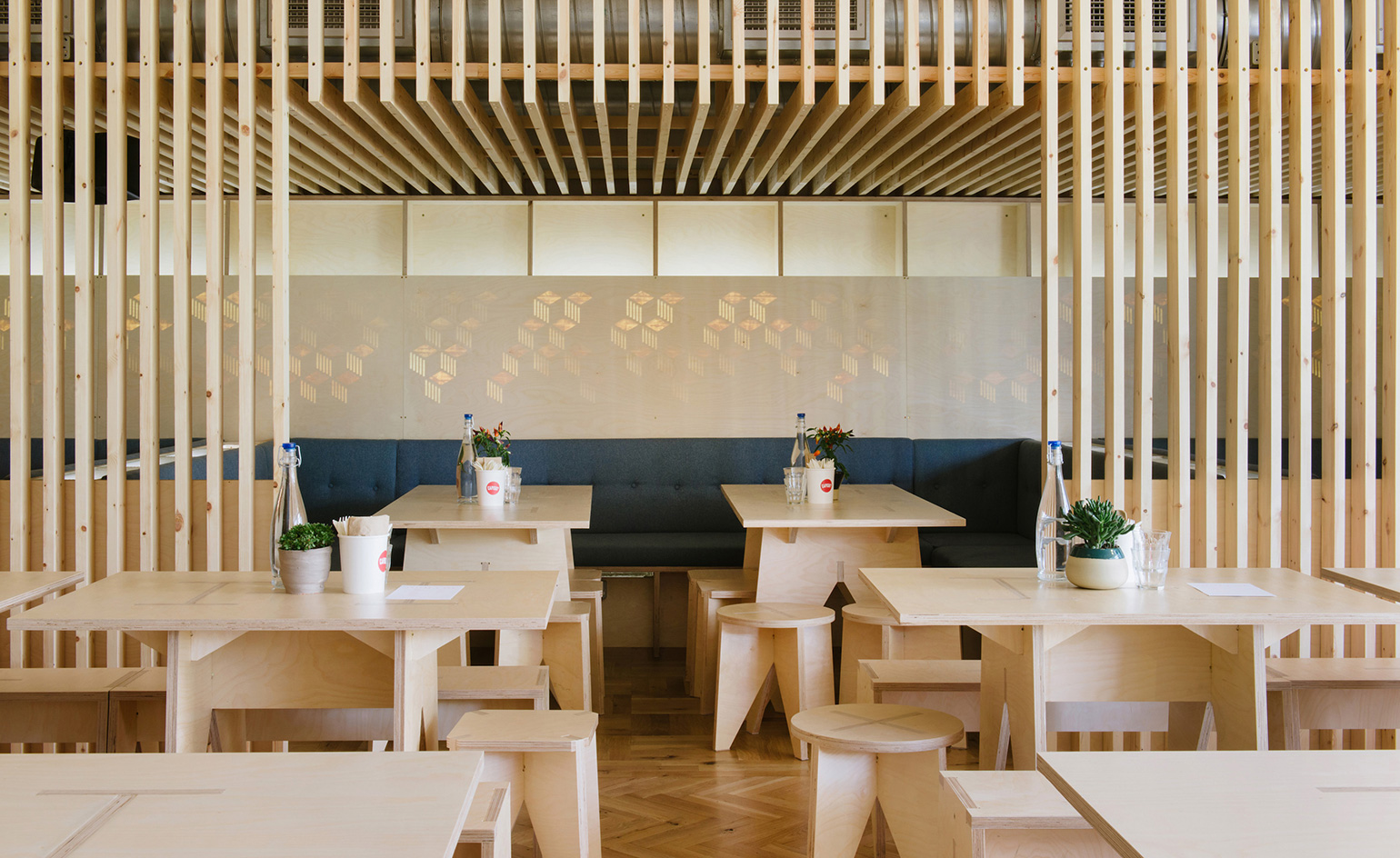 Wooden tables and stools of bar