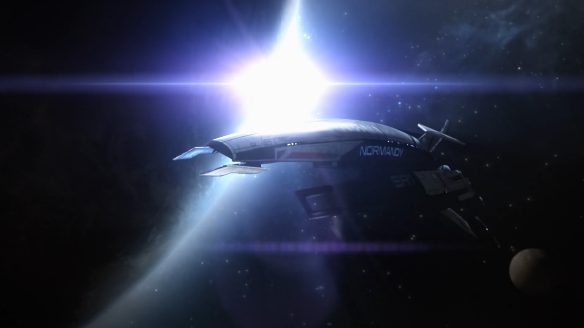 Mass Effect Legendary Edition screenshot showing the Normandy ship flying through space, with a few planets visible in the background