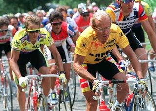 Laurent Fignon leads eventual winner Greg LeMond at the 1989 Tour de France.