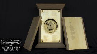 This image shows a reconstruction of the Antikythera mechanism.